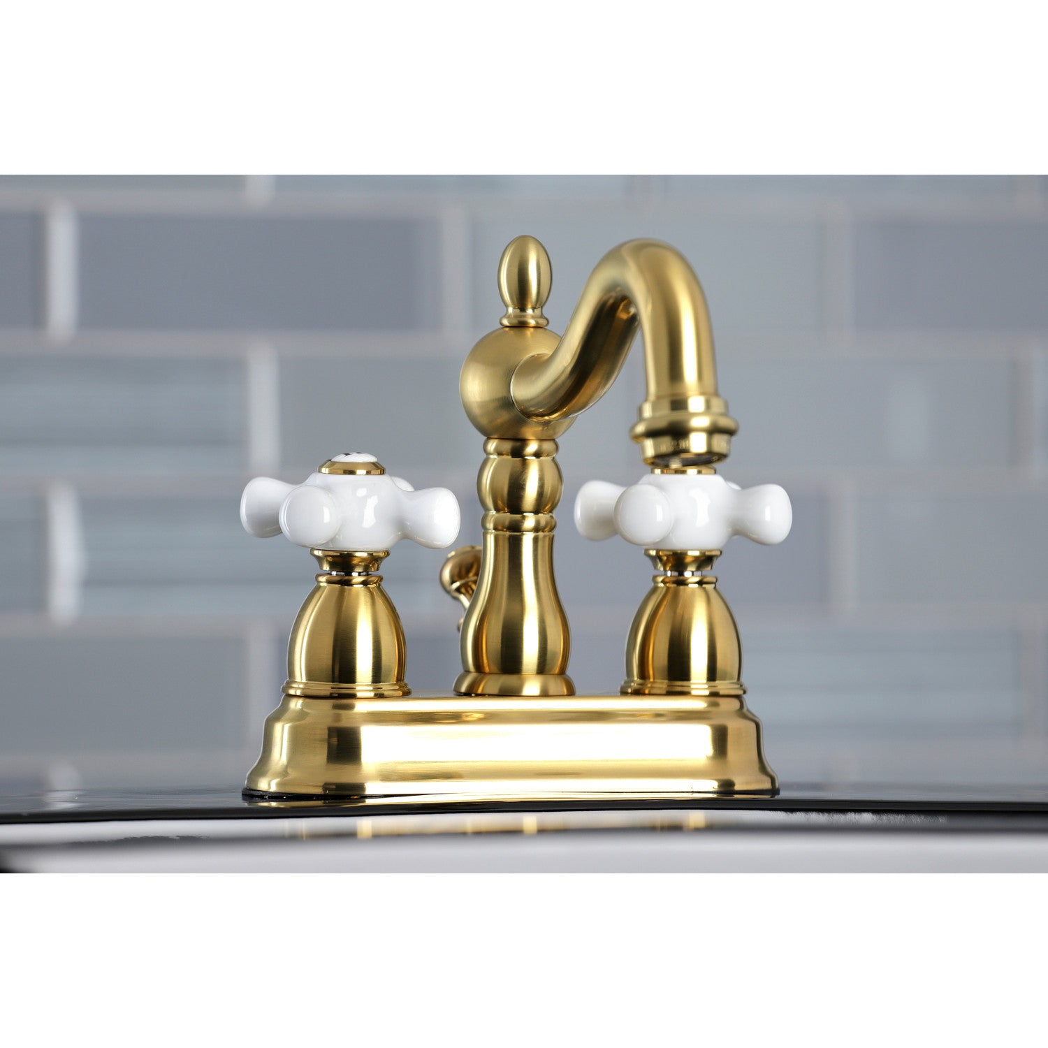 Kingston Heirloom KB1607PX - Heritage Double-Handle 3-Hole Deck Mount 4-Inch Centerset Bathroom Faucet with Pop-Up Drain, Brushed Brass — thumbnail 3